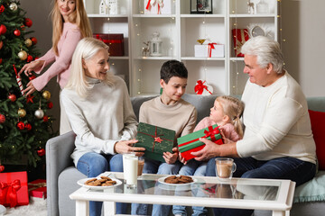 Sticker - Mature couple giving Christmas presents to their little grandchildren at home