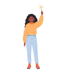 Black woman holding sparkler and celebrating Christmas or New Year. Vector illustration in flat style