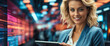 Business-Frau mit Tablet in High-Tec-Umgebung, generated image