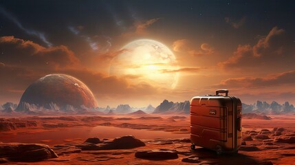 Wall Mural - Colonization of a red planet. Intergalactic mission expedition flight. Humanity landed with a suitcase on an alien planet to conduct scientific experiments and search for minerals.