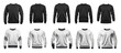 Collection of black and white t-shirts with long sleeves isolated on transparent background. 