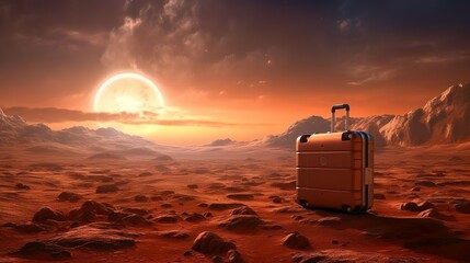 Wall Mural - Colonization of a red planet. Intergalactic mission expedition flight. Humanity landed with a suitcase on an alien planet to conduct scientific experiments and search for minerals.