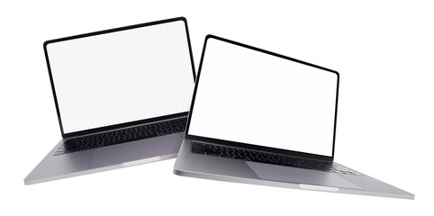 Two laptops flying with blank screen on transparent background png