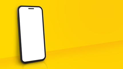 Wall Mural - mobile phone mockup with perspective view on yellow background. blank smartphone screen includes cli