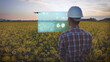 Scientist analyze agricultural field data on hologram. Smart precision agriculture and Industrial revolution using drones