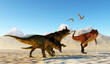 Carcharodontosaurus attacks Brachyceratops - Flying Pteranodon reptiles watch as Carcharodontosaurus attacks Brachyceratops dinosaurs.