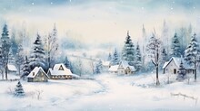 Christmas Village With Snow In Vintage Style. Winter Village Landscape. Christmas Holidays. Christmas Card