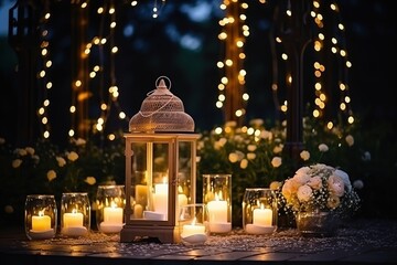 Sticker - Elements of the wedding decor of the night ceremony. outdoor string lights. Wedding ceremony evening with candles and lamps