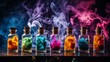 Jars of liquids for vape in multi-colored smoke