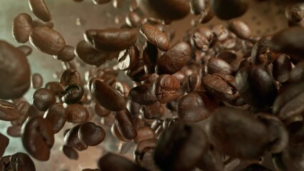 Aufkleber - Super Slow Motion of Falling Coffee Beans with Smoke on Background. Macro Shot. Filmed on High Speed Cinema Camera, 1000 fps.