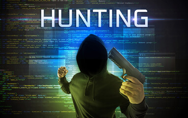 Wall Mural - Faceless hacker on code background