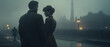Victorian murder mystery. A detective in the fog searching for clues in London. In the style of a panoramic movie still.