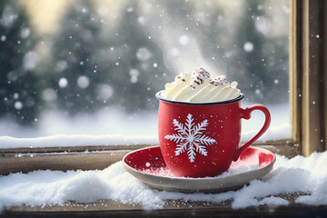 Wall Mural - cioccolata in tazza calda con la panna inverno riscaldarsi nevica