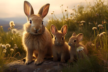 Rabbit And Kits, Bunnies - Soft And Gentle, Rabbit Kits, Also Called Bunnies, Stay In Their Burrows Until They Are Strong Enough To Venture Out