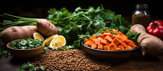 Moroccan Sweet Potato Lentil Soup ingredients: Lentils, fresh veggies, and spices for veggie soup, on a wooden table.