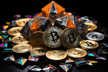 A pile of bitcoins sitting on top of each other
