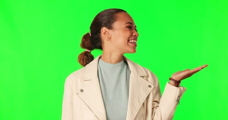 Canvas Print - Green screen, studio and happy woman face with hand holding space for promo, info or giveaway on mockup background. Palm, portrait and female model show news, review or feedback, deal or discount