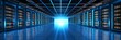 Futuristic data center with advanced server racks emitting a mesmerizing soft blue glow