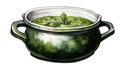  Delicious Green Soup in Hand Drawn Watercolor Cast Iron Pot AI Generated