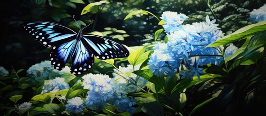 Canvas Print - In the enchanting garden, amidst a lush green forest, a delicate white flower blossomed, adorned by vibrant blue and black butterfly, painting a masterpiece in nature's artistry.