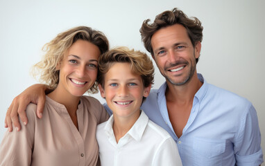 Wall Mural - Happy family in a casual costume posing on white background