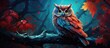In the midst of the tranquil woods, a scarlet-feathered owl perches on a branch, its bright red eyes peering out with an air of wisdom, its cute face framed by a stunning portrait of colorful feathers