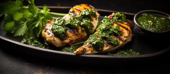 Grilled homemade chicken with chimichurri sauce, ready to eat.