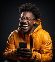 Black man, phone and laughing on studio background for internet joke, meme and social media comedy. Smile, happy and funny gen z male person on mobile technology for website, humor and comic post