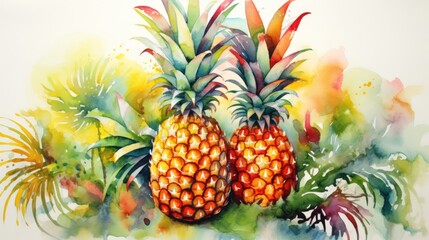  Colorful Watercolor Pineapple Plant with Bold Leaves AI Generated
