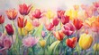 Vibrant Watercolor Tulip Field: A Beautiful Array of Blending Colors AI Generated