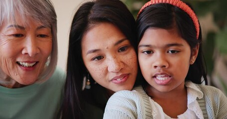 Poster - Face, tablet and an asian family in the living room of their home together for learning or gaming. Mom, daughter and grandmother using a technology app for social media, research or child development