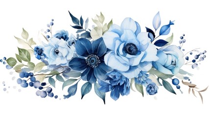 Wall Mural - Watercolor blue anemone flowers bouquet isolated on white background Generative AI