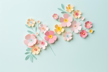 Wall Mural - Beautiful spring paper cut flowers on soft blue color background. Valentine's Day, Birthday, Happy Woman Day, Mother's Day. Holiday poster and banner