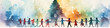 © kichigin19 - row of children holding hands and dancing round dance around  Christmas tree, long narrow panoramic view watercolor illustration holiday