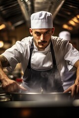 Wall Mural - A determined chef while cooking in a busy restaurant kitchen, action shot