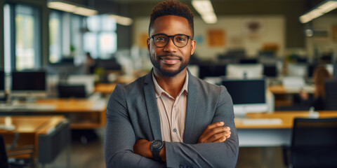 Wall Mural - Portrait of African American businessman smiling standing with arms crossed at the office