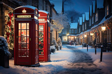 A Red Phone Booth Sitting In The Middle Of A Snow Covered Street Created With Generative AI Technology