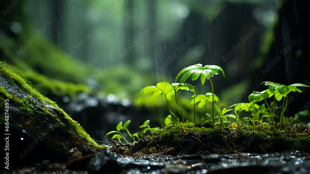 green forest, dew drops and wet rain on young leaves and shoots in the depths of the green forest of the wild