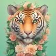 tiger wtih flowers and green branches