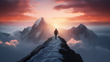 Fototapeta  - figure of a man on the way to a mountain peak at dawn, against the background of an incredible rocky landscape in dawn colors, the concept of the path to success, achievement in business