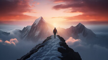 Figure Of A Man On The Way To A Mountain Peak At Dawn, Against The Background Of An Incredible Rocky Landscape In Dawn Colors, The Concept Of The Path To Success, Achievement In Business