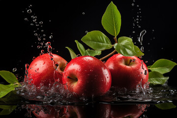 Wall Mural - Ripe red apples in a splash of water on a dark background. Generative AI.