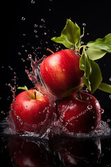 Wall Mural - Ripe red apples in a splash of water on a dark background. Generative AI.