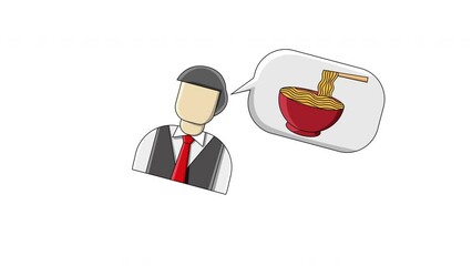 Sticker - flat design animation of a man thinking about a bowl of noodles