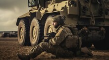 Soldier With Machine Gun Sitting Near Big Wheel Of Armored Vehicle