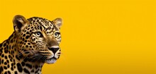 Curious Leopard On A Solid Yellow Background With Copy Space.