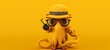 Octopus wearing a detective's hat and holding a magnifying glass on yellow.