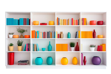 White big bookshelf full of colorful objects over isolated transparent background