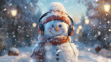 A Snowman In Musical Headphones, Listening To A Winter Melody, A Cheerful Greeting Card For Christmas Or New Year.