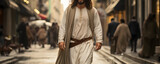Fototapeta  - Jesus Christ walking in the city street - front view